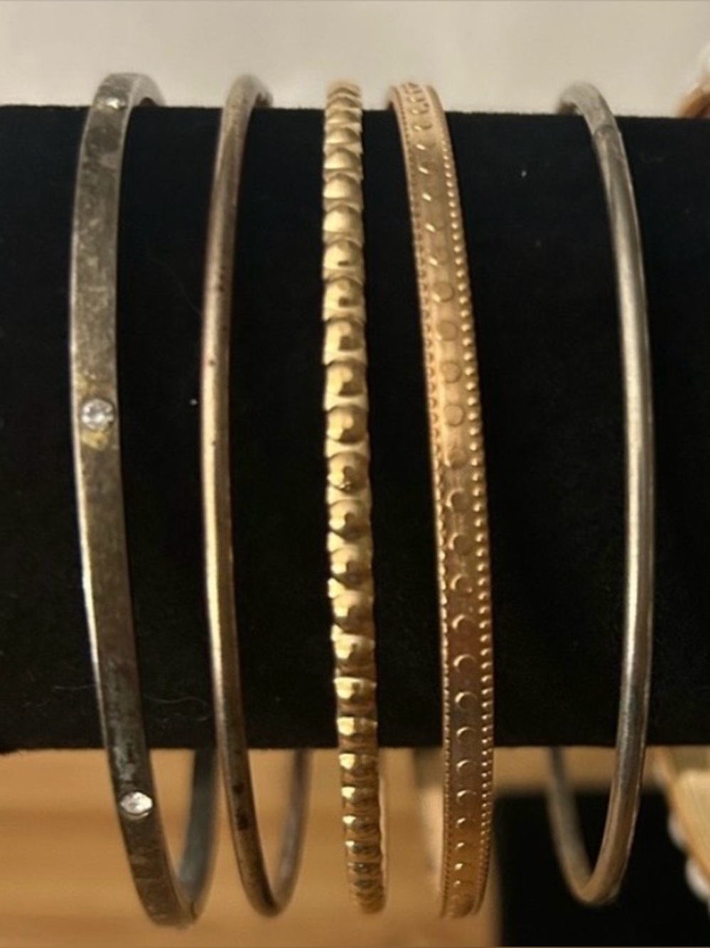 Mixed Metal Thin Bangle Bracelet Set of 5 Rhinestone Accents